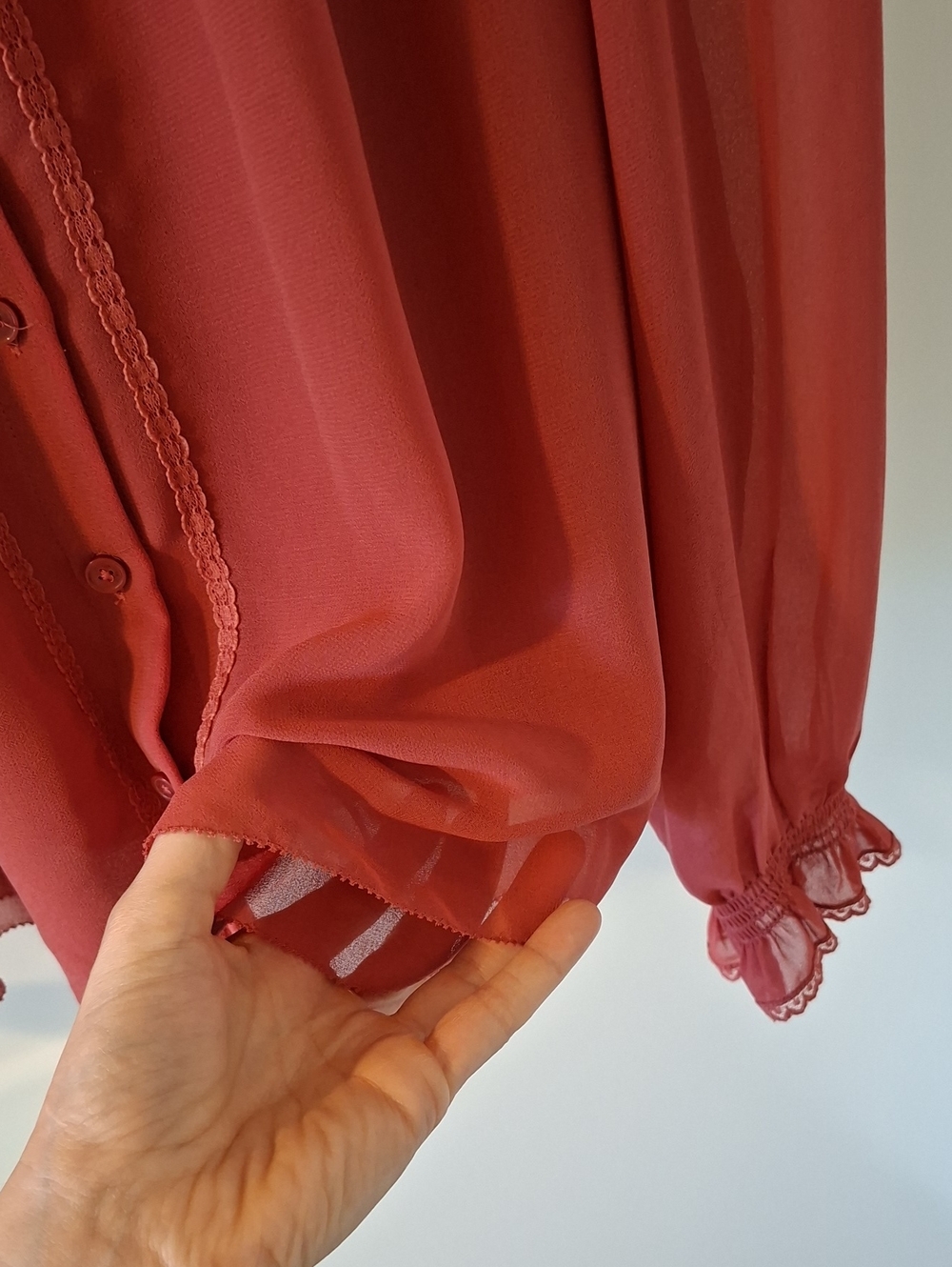 Wilfred Sheer Flowy "Tilda" Coral Ruffle-Trim Button Front Blouse (Size XS) - Picture 6 of 10